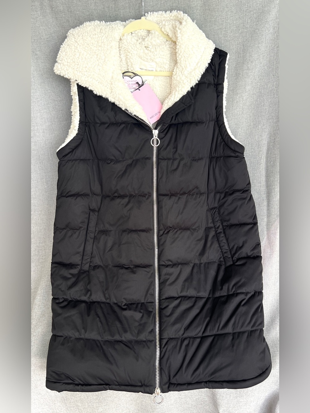 Avec Les Filles Puff Faux Fur long hooded vest black light cream size XL